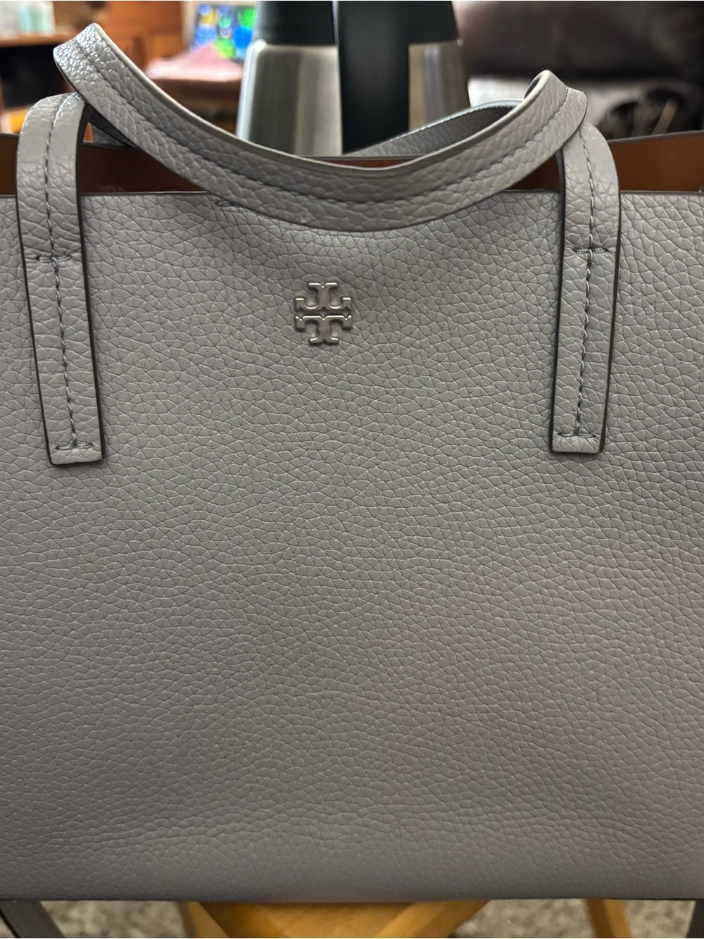 Tory Burch Light Gray Pebbled Leather Tote with Silver Logo/ New never used!